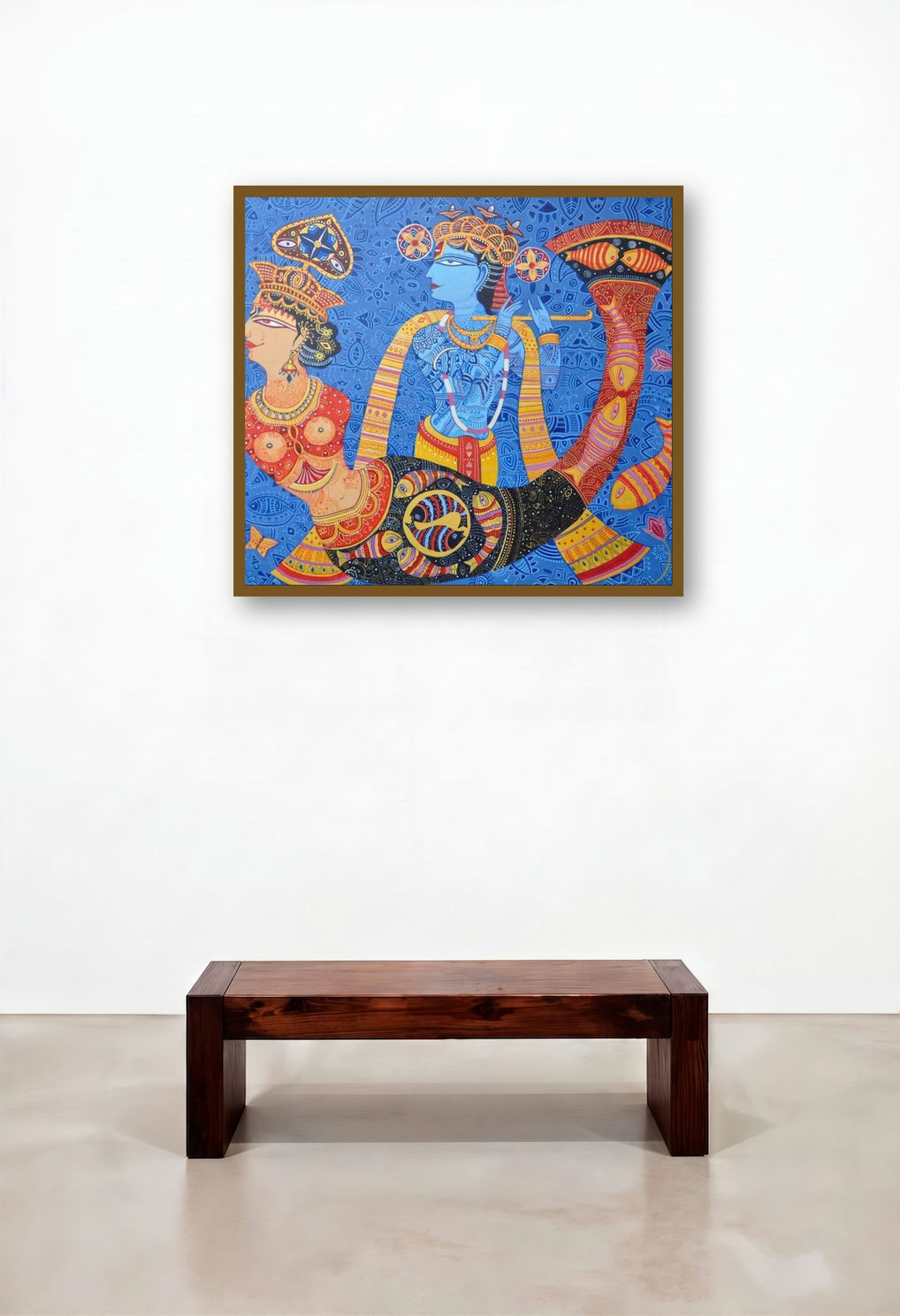 Krishna With Dream Girl (Radha Krishna Mystical Union) by artist Bhaskar Lahiri displayed in a Japandi Reception Area
