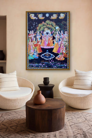Krishna With Gopi (Divine Raas Leela) by artist Rajendra Khanna displayed in a Minimalist gallery