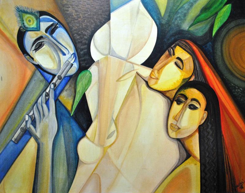 Figurative acrylic painting titled 'Krishna with Gopis', 24x30 inches, by artist Shuchi Khanna on Canvas