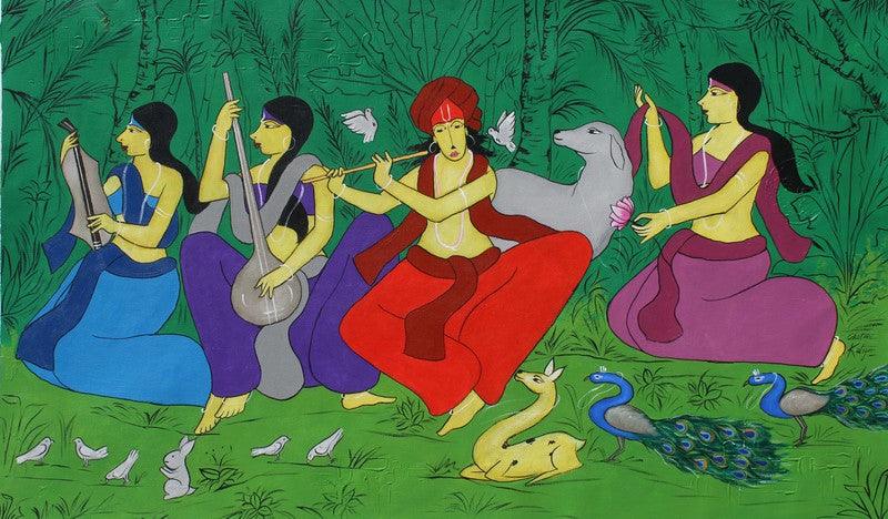 Religious acrylic painting titled 'Krishna With Sakhis', 27x45 inches, by artist Chetan Katigar on Canvas