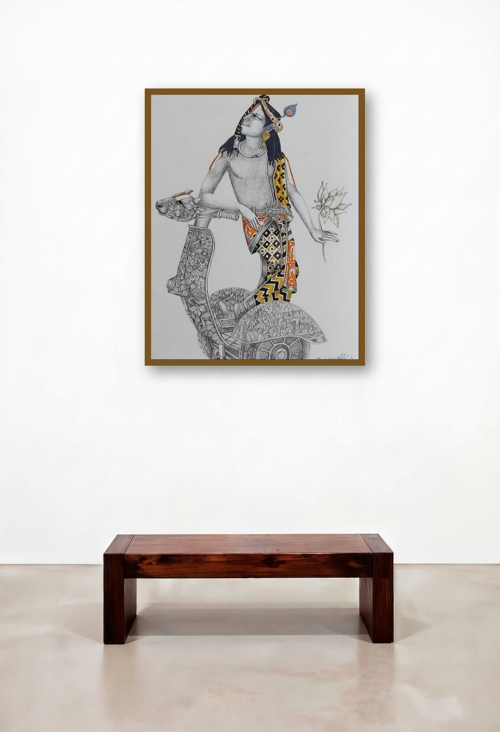 Krishna With Z Scooter (Krishna with Lotus) by artist Saraswathi Lingampally displayed in a Japandi Penthouse