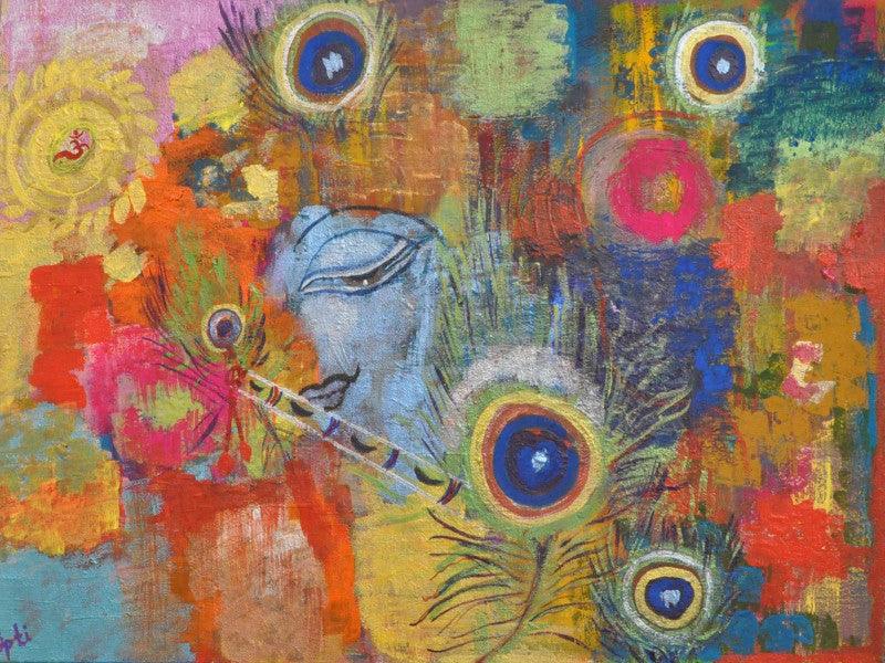 Abstract mixed media titled 'Krishna's Colors', 18x24 inches, by artist Dipti Pandit on Canvas Board
