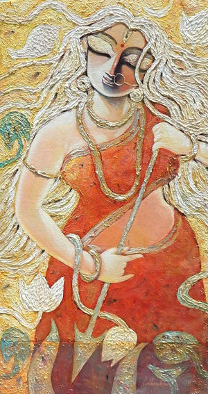 Krrooraa (Divine Feminine) by Subrata Ghosh, Original Acrylic Figurative Painting on Canvas, Medium Vertical Wall Art