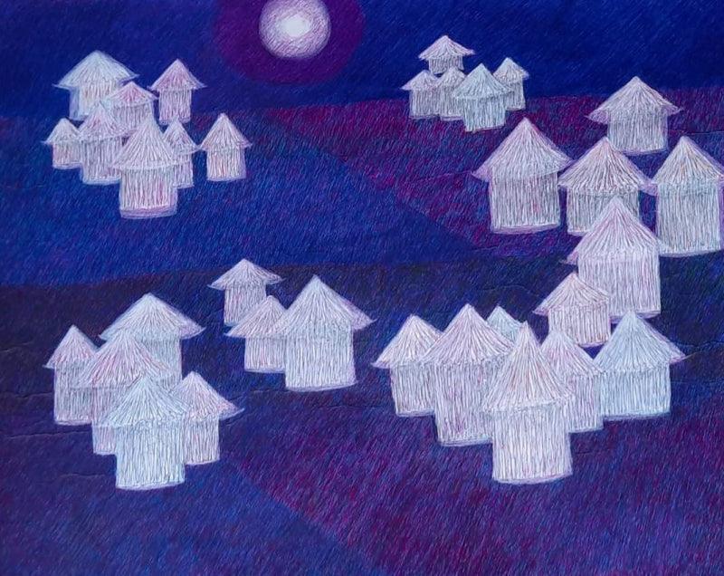 Landscape pen drawing titled 'Kumbh', 29x35 inches, by artist Shardool Mishra on Paper