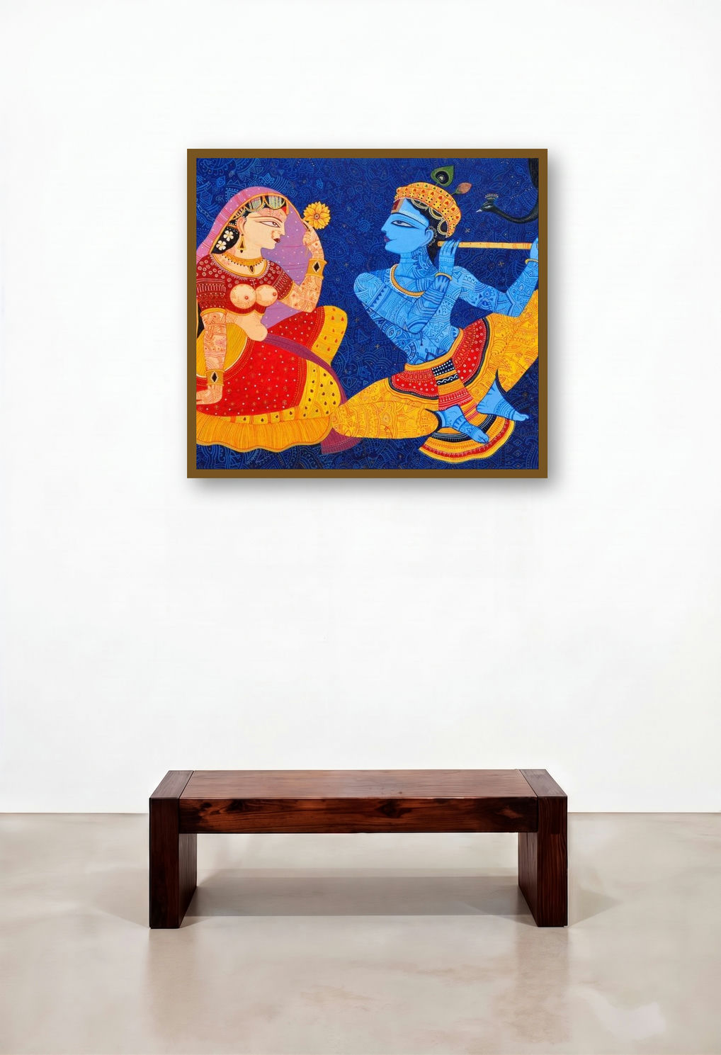 Kunjaban (Radha Krishna and the Peacock) by artist Bhaskar Lahiri displayed in a Eclectic Hotel Lobby
