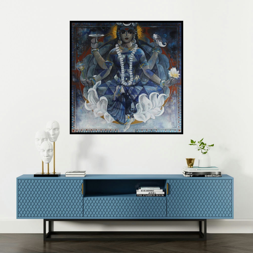 'Kushmanda (Goddess Kali)' painting by N P Rajeshwarr shown on a wall in a furnished room.