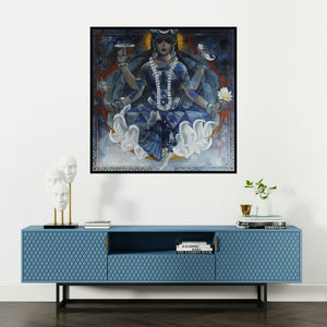 'Kushmanda (Goddess Kali)' painting by N P Rajeshwarr shown on a wall in a furnished room.