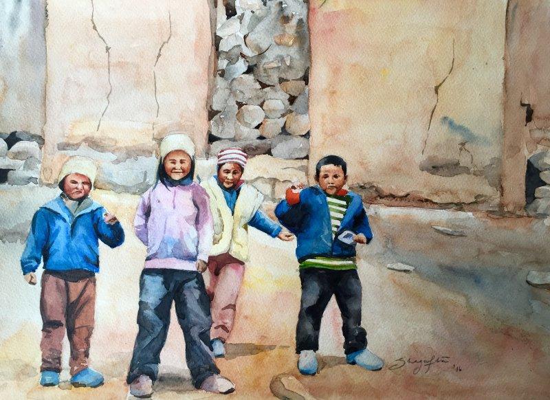 Figurative watercolor painting titled 'Ladakh', 11x15 inches, by artist Shagufta Mehdi on Paper