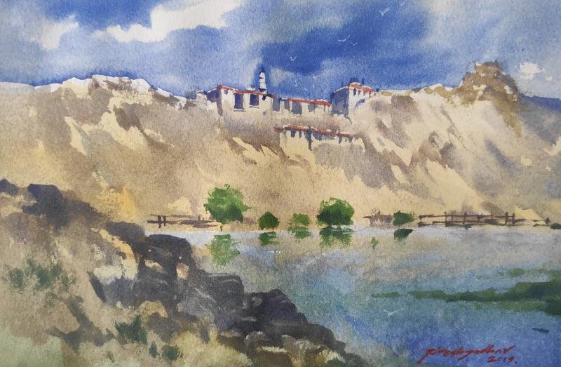 Landscape watercolor painting titled 'Ladakh Jewels', 12x16 inches, by artist Ritesh Jadhav on Paper