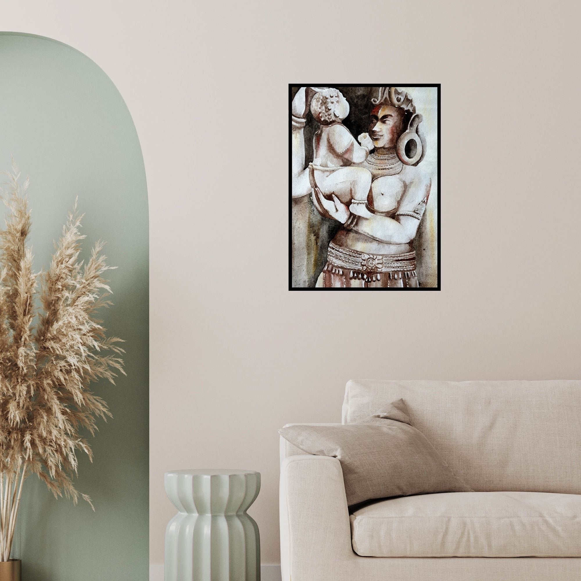 In-situ view of Rakhi Chanda's 'Ladoogopal (Divine Motherhood)' painting in a room