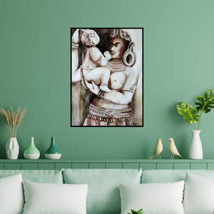 Preview of 'Ladoogopal (Divine Motherhood)' Painting by Rakhi Chanda shown on a wall in a furnished room.