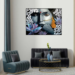 Ranjith Raghupathy's 'Lady' painting visualized above a sofa in a contemporary room.