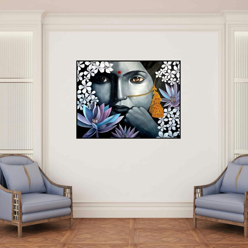 'Lady' painting by Ranjith Raghupathy shown on a wall in a furnished room.