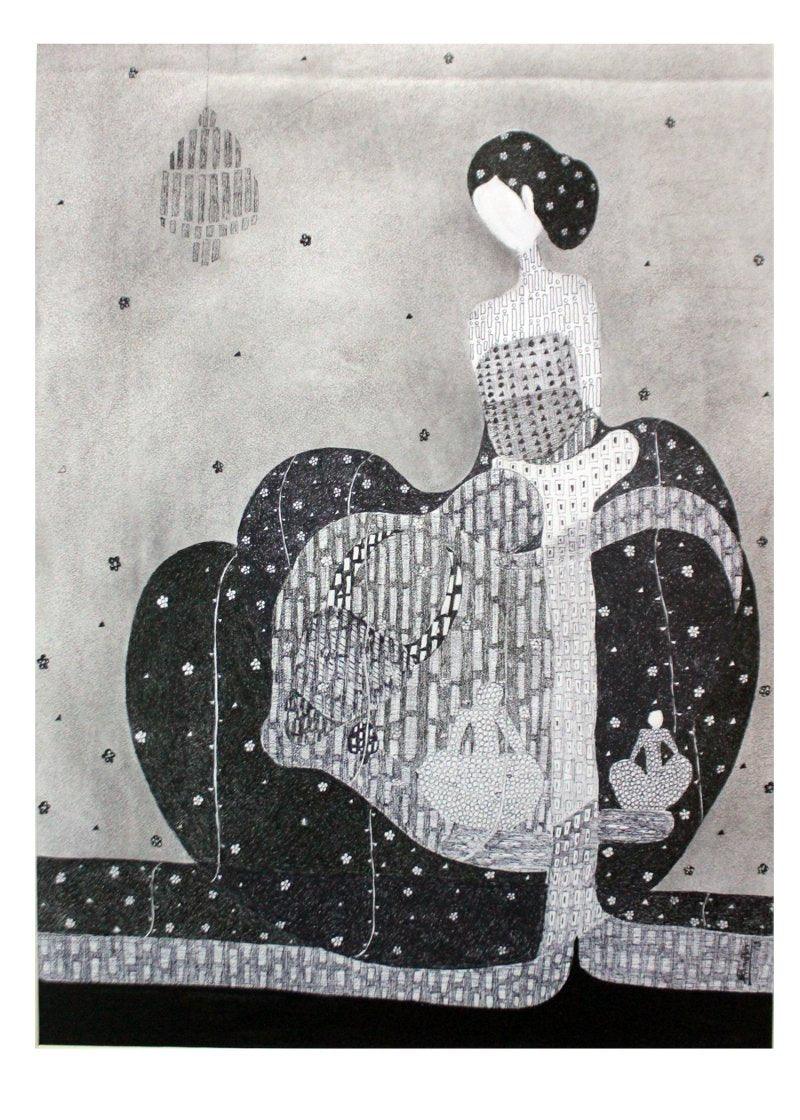 Figurative charcoal drawing titled 'Lady 2', 15x22 inches, by artist Prathamesh Khandvilkar on Paper