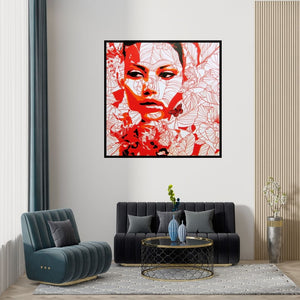 Preview of 'The Lady 3 (Emergence)' Painting by Sujit Karmakar shown on a wall in a furnished room.
