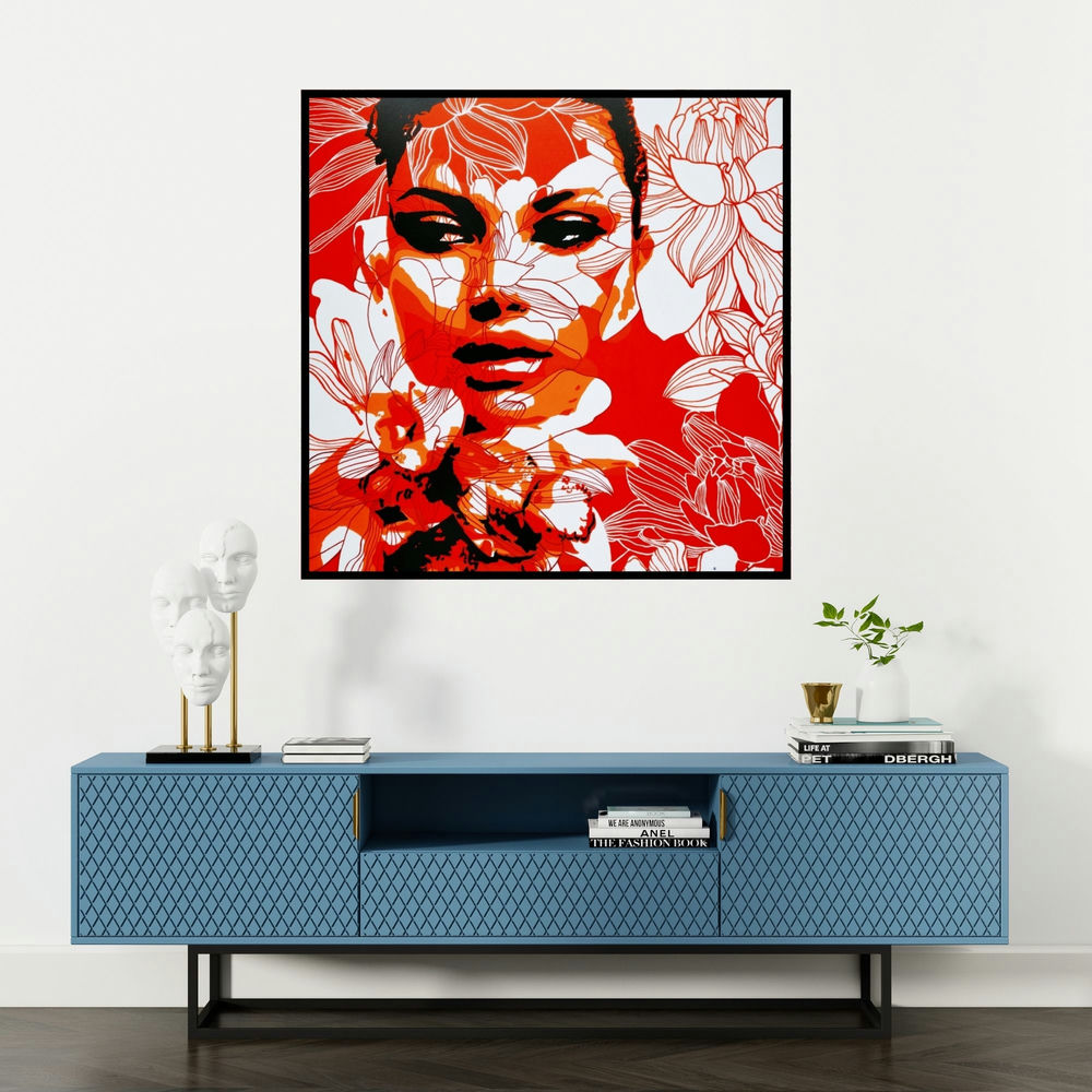 'The Lady 5' painting by Sujit Karmakar shown on a wall in a furnished room.