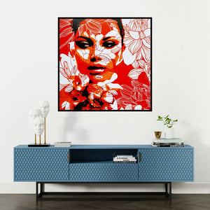 'The Lady 5' painting by Sujit Karmakar shown on a wall in a furnished room.