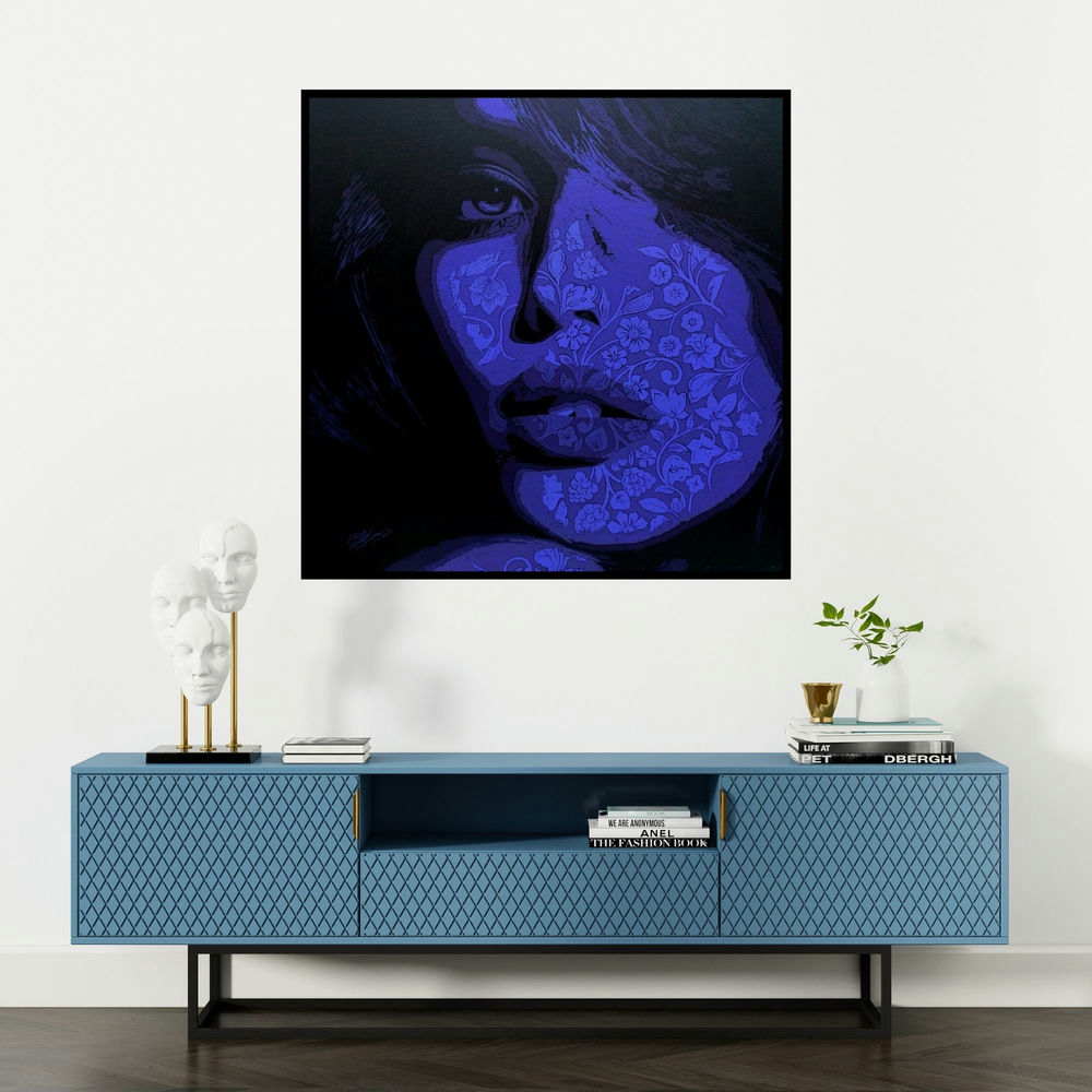 'The Lady 6 (Bloom Within)' painting by Sujit Karmakar shown on a wall in a furnished room.