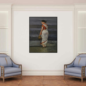 'Lady' painting by Kamal Rao shown on a wall in a furnished room.