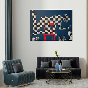 Sonaly Gandhi's 'Lady And Cat' painting visualized above a sofa in a contemporary room.
