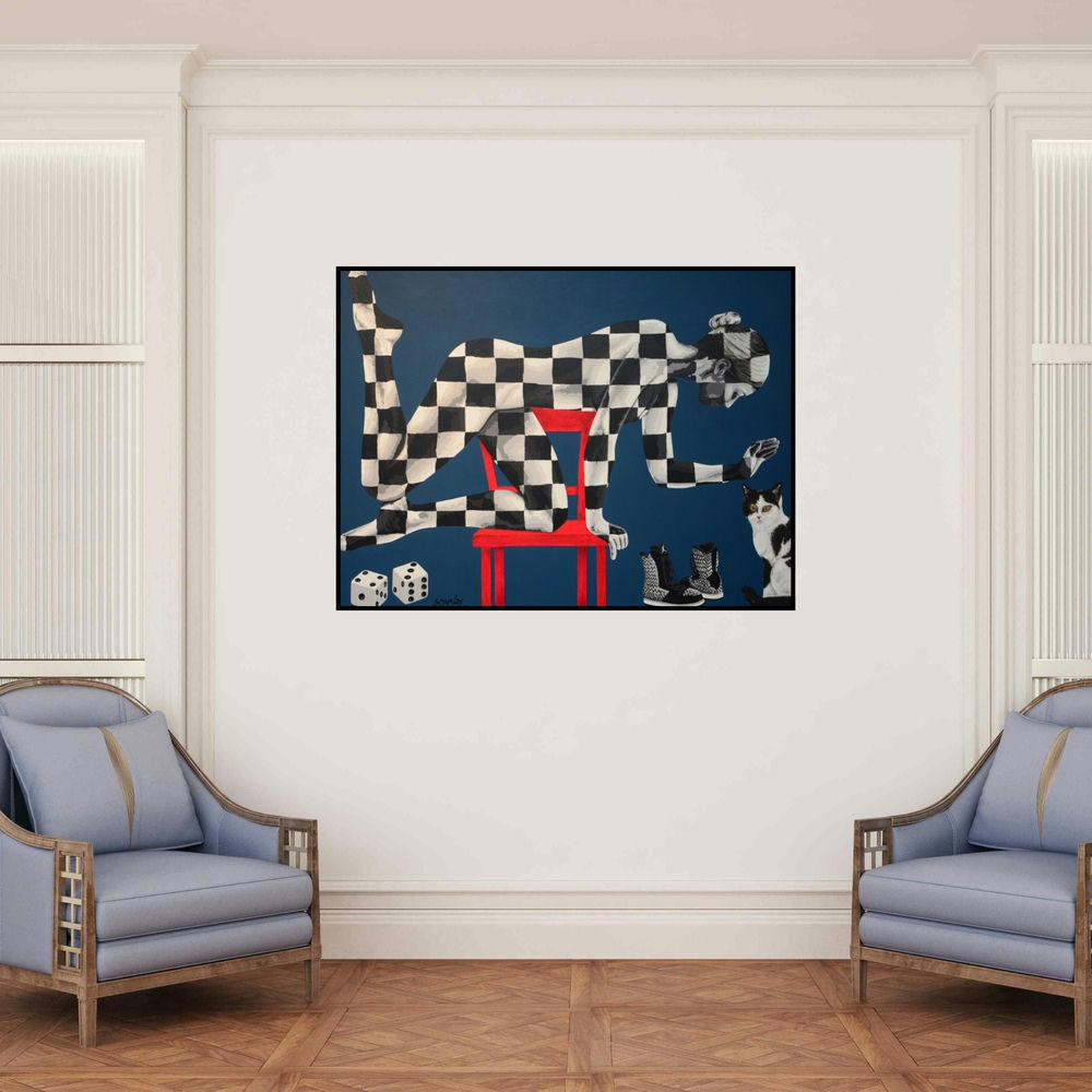 'Lady And Cat' painting by Sonaly Gandhi shown on a wall in a furnished room.