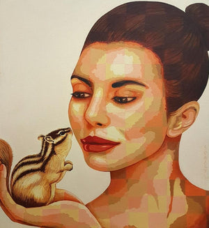 Lady And Squirrel by Sonaly Gandhi, Original Acrylic Figurative Painting on Canvas, Small Vertical Wall Art