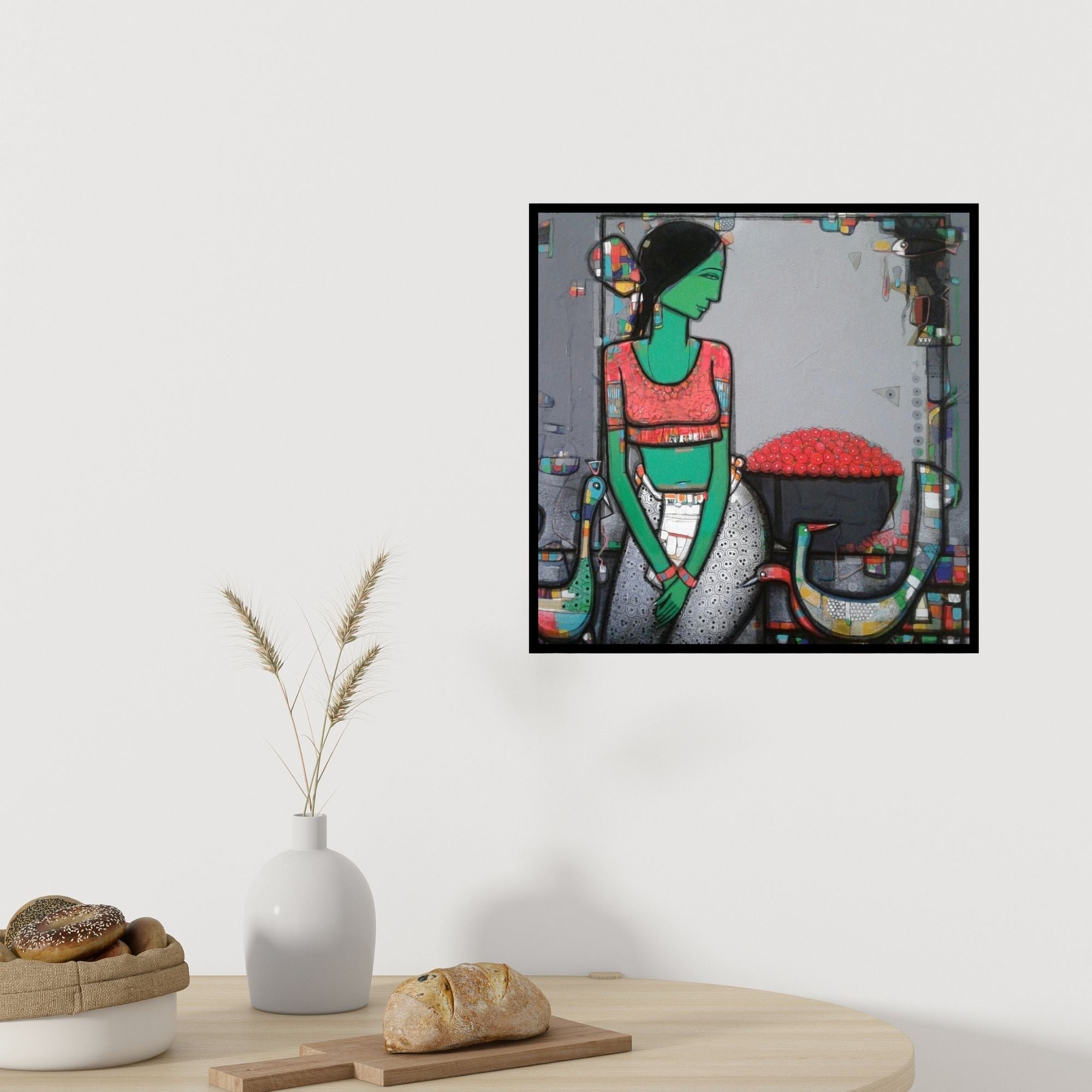 In-situ view of Girish Adannavar's 'Lady With Bird 2' painting in a room