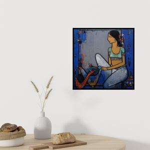 In-situ view of Girish Adannavar's 'Lady With Bird 4' painting in a room