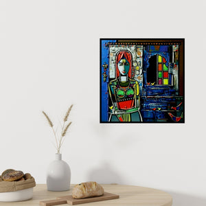 In-situ view of Girish Adannavar's 'Lady With Bird' painting in a room