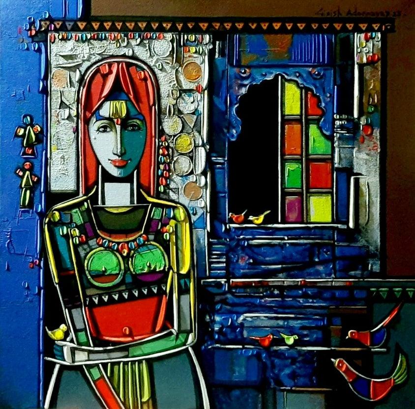 Figurative acrylic painting titled 'Lady With Bird', 24x24 inches, by artist Girish Adannavar on Canvas