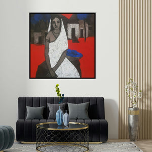 Nagesh Ghodke's 'Lady With Blue Flowers' painting visualized above a sofa in a contemporary room.