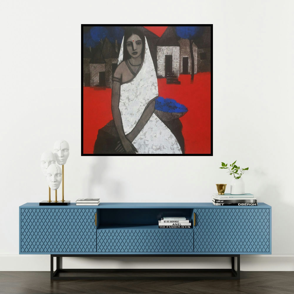 'Lady With Blue Flowers' painting by Nagesh Ghodke shown on a wall in a furnished room.