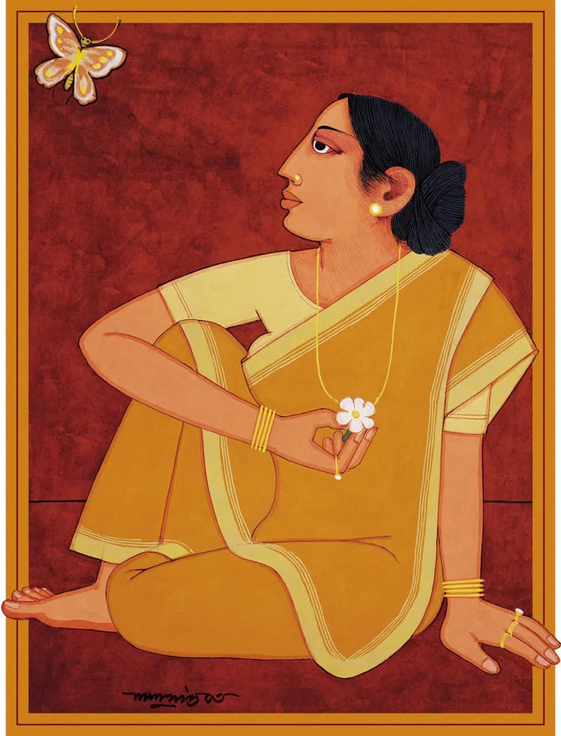 Figurative serigraphs painting titled 'Lady With Flower', 30x22 inch, by artist Lalu Prasad Shaw on Paper