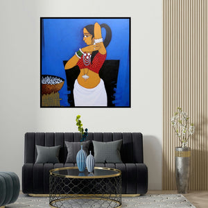 Gajraj Chavan's 'Lady With Flower 2 (Adorning Herself)' painting visualized above a sofa in a contemporary room.