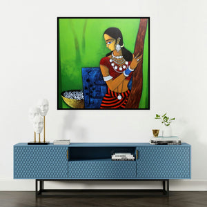 'Lady With Flower' painting by Gajraj Chavan shown on a wall in a furnished room.