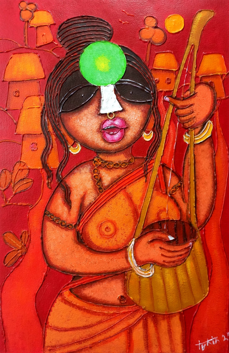 'Lady Folk Street Singer' figurative acrylic painting by artist Tuhin Rakshit, 22x15 inch, on acid free paper