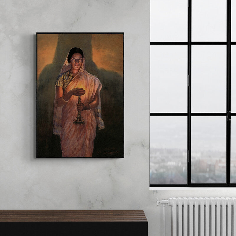 In-situ view of Sawlaram Haldankar's 'Lady With Lamp (Glow Of Hope)' painting in a room