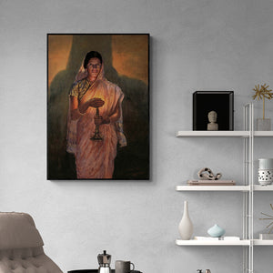 Preview of 'Lady With Lamp (Glow Of Hope)' Painting by Sawlaram Haldankar shown on a wall in a furnished room.