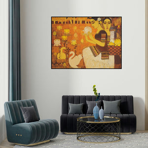 Mamta Mondkar's 'Lady With Lotus Ii' painting visualized above a sofa in a contemporary room.