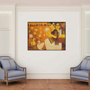 'Lady With Lotus Ii' painting by Mamta Mondkar shown on a wall in a furnished room.