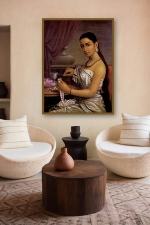 Lady Making Garland (Crafting Beauty: A Moment of Creation) by artist Raja Ravi Varma displayed in a Modern gallery
