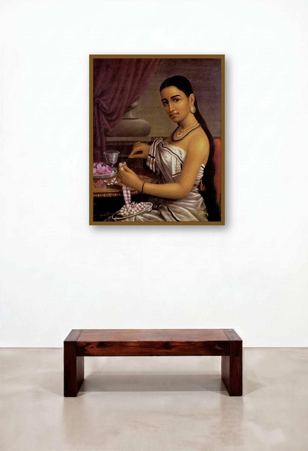 Lady Making Garland (Crafting Beauty: A Moment of Creation) by artist Raja Ravi Varma displayed in a Eclectic Home Office