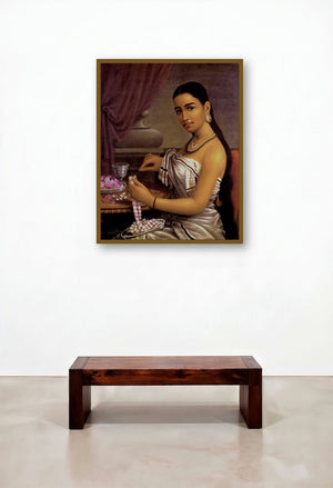 Lady Making Garland (Crafting Beauty: A Moment of Creation) by artist Raja Ravi Varma displayed in a Eclectic Home Office