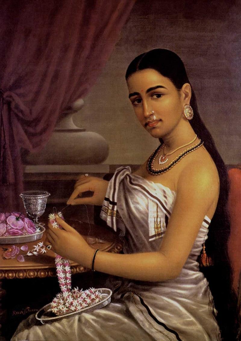 Figurative oil painting titled 'Lady Making Garland', 36x25 inches, by artist Raja Ravi Varma Reproduction on Canvas