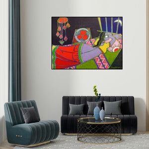 Santanu Nandan Dinda's 'Lady With A Moon' painting visualized above a sofa in a contemporary room.