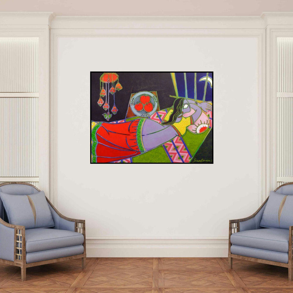 'Lady With A Moon' painting by Santanu Nandan Dinda shown on a wall in a furnished room.