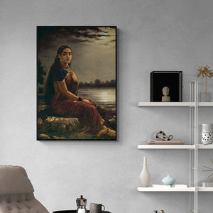 Preview of 'Lady In Moonlight (Musician and Companions)' Painting by Raja Ravi Varma shown on a wall in a furnished room.