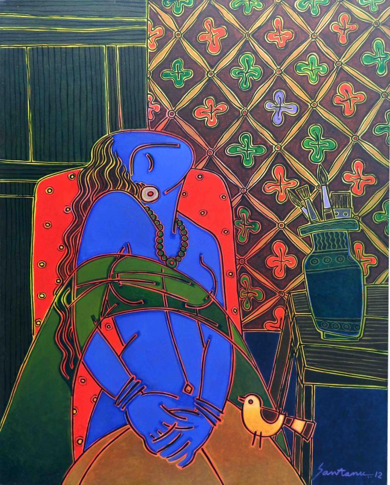 Figurative acrylic painting titled 'Lady On A Red Chair', 46x34 inches, by artist Santanu Nandan Dinda on Canvas