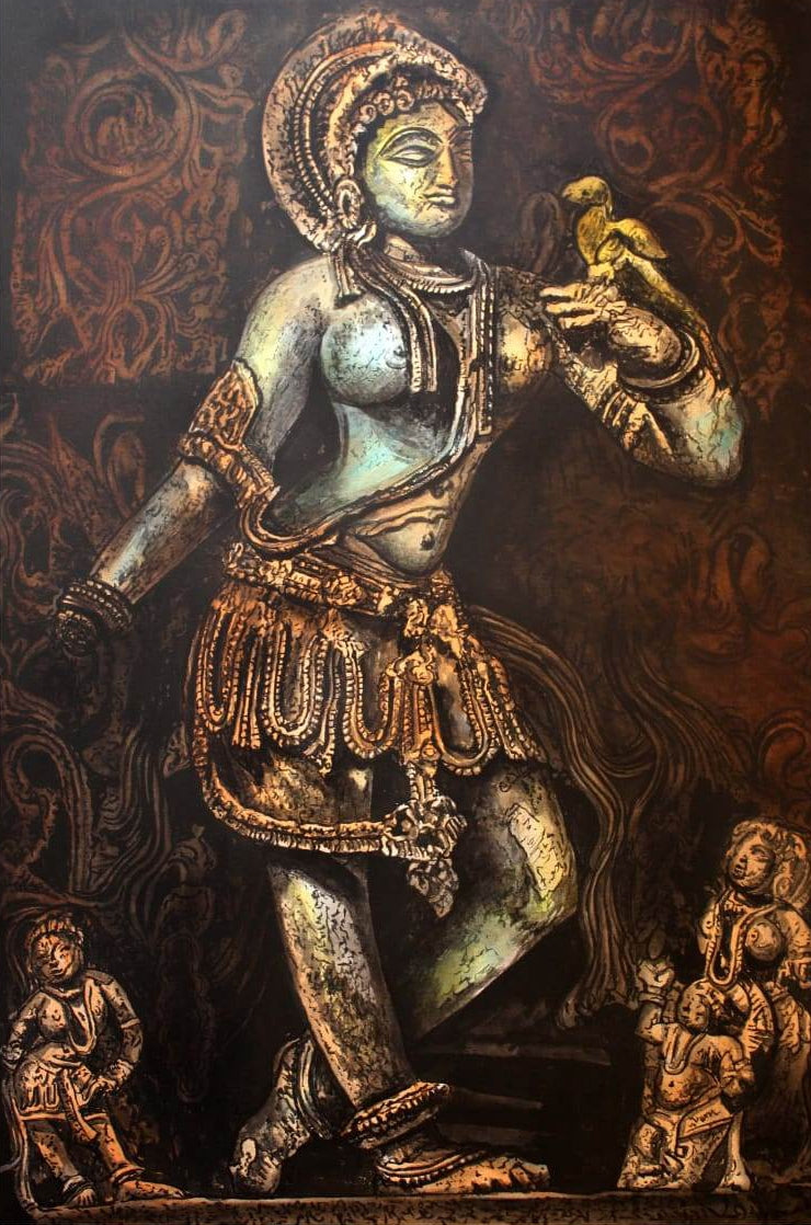 A Lady With Parrot' religious acrylic-charcoal painting by artist Gangu Naidu Pv, 36x24 inch, on canvas