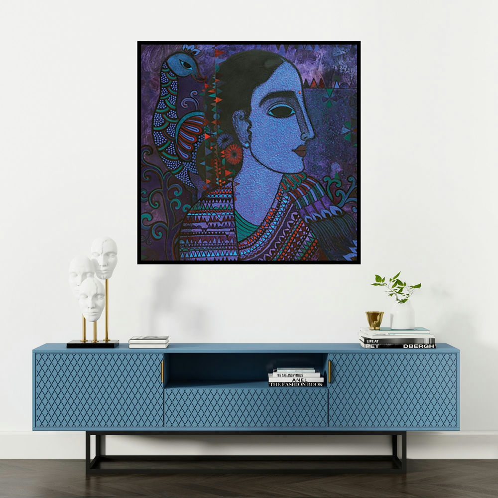 'Lady With Peacock (Enchanted Muse: A Symphony of Colors)' painting by Mamta Mondkar shown on a wall in a furnished room.